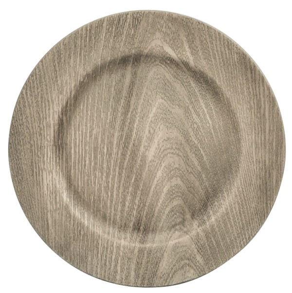 13" Gray Wood Grain Charger Plates in the Something Borrowed Wedding Closet | 48 Fields Farm in Leesburg, VA