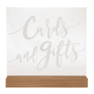 Clear Acrylic Cards and Gifts Sign with White Calligraphy in the Something Borrowed Wedding Closet | 48 Fields Farm in Leesburg, VA