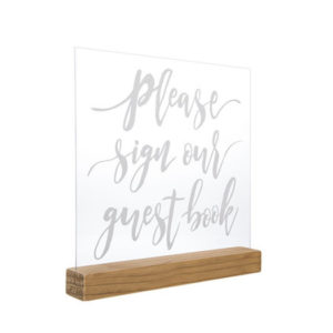 Clear Acrylic Guest Book Sign with White Calligraphy in the Something Borrowed Wedding Closet | 48 Fields Farm in Leesburg, VA