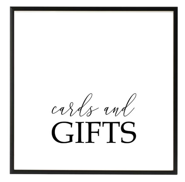 Cards and Gifts Black and White Script Sign in the Something Borrowed Wedding Closet | 48 Fields Farm in Leesburg, VA