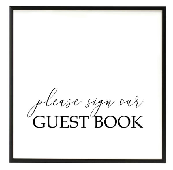 Guest Book Black and White Script Sign in the Something Borrowed Wedding Closet | 48 Fields Farm in Leesburg, VA