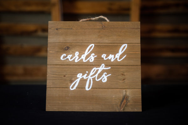 Cards and Gifts Rustic Wood Sign in the Something Borrowed Wedding Closet | 48 Fields Farm in Leesburg, VA
