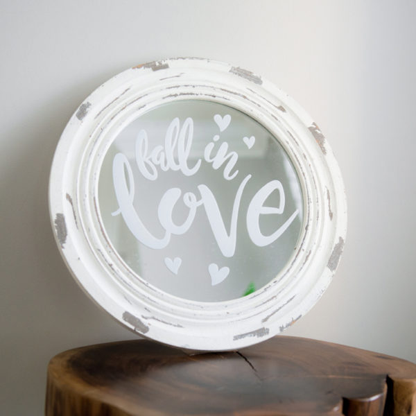 Fall in Love Round White Rustic Wood Sign in the Something Borrowed Wedding Closet | 48 Fields Farm in Leesburg, VA