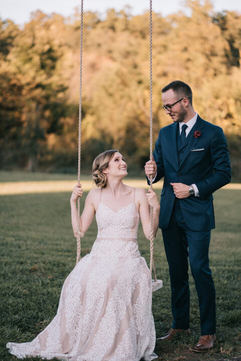 Bride and groom on wedding swing | Northern Virginia country microwedding
