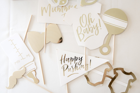 baby shower gold and white photobooth props