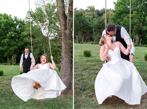 bride and groom on wedding swing 48 Fields Farm