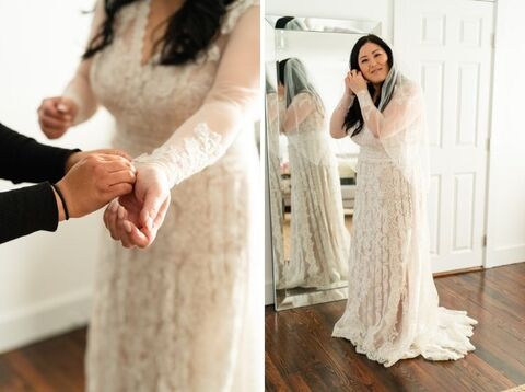 winter elopement getting ready long-sleeve lace wedding dress flats - 48 Fields Wedding Barn | Leesburg VA