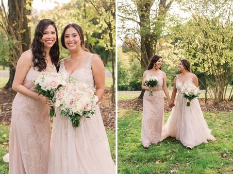 bride and bridesmaid pink fall wedding portraits - 48 Fields Wedding Barn | Northern VA