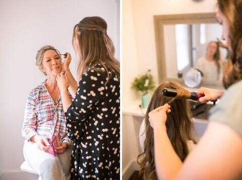 bride and bridesmaid getting ready hair and makeup fall wedding - 48 Fields Wedding Barn | Northern VA