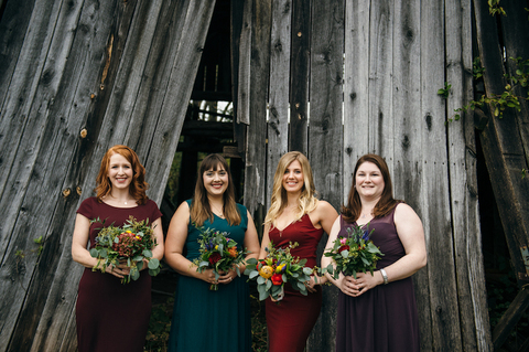 fall wedding bridesmaids mismatched jewel tone dresses - 48 Fields Wedding Barn | Northern VA