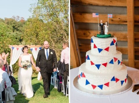 British American heritage red white and blue bunting fall outdoor wedding ceremony cake - 48 Fields Wedding Barn | Northern VA
