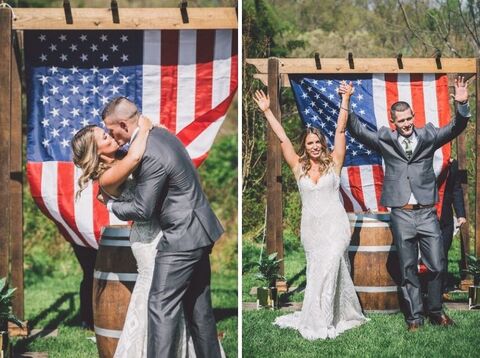 patriotic ceremony backdrop American flag first kiss reveal - 48 Fields Wedding Barn | Leesburg VA
