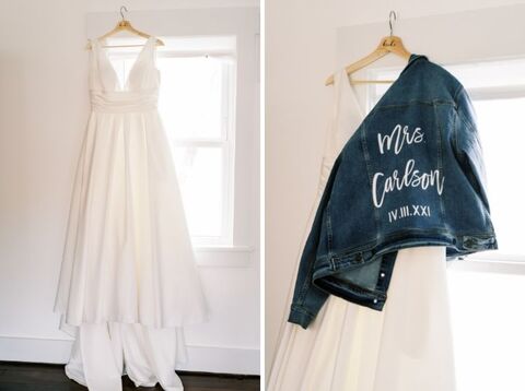 wedding dress and custom bride jean jacket getting ready spring wedding - 48 Fields Wedding Barn | Leesburg VA
