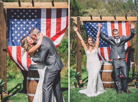 American flag reveal spring wedding ceremony exit - 48 Fields Wedding Barn | Northern VA