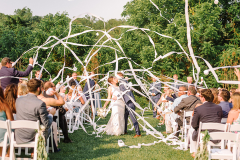 summer wedding ceremony exit streamer toss - 48 Fields Wedding Barn | Northern VA