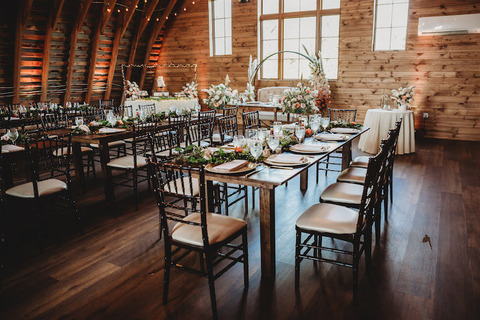barn reception farmhouse tables greenery garland spring wedding - 48 Fields Wedding Barn | Leesburg VA