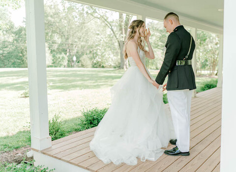 military first look wraparound porch - 48 Fields Wedding Barn | Leesburg VA