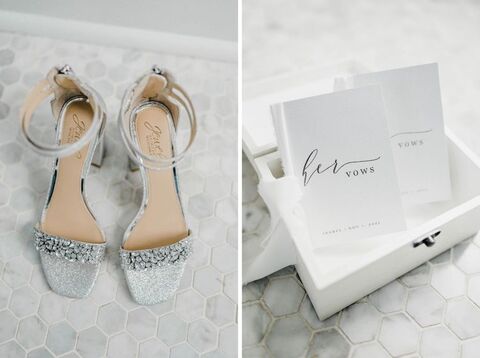 silver shoes vow books getting ready details - 48 Fields Wedding Barn | Leesburg VA