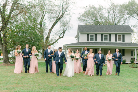 wedding party portrait blush pink fall wedding - 48 Fields Wedding Barn | Leesburg VA