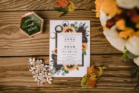 invitation stationery flat lay fall wedding with sunflowers - 48 Fields Wedding Barn | Leesburg VA