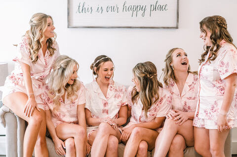 bride and bridesmaids matching pink pajamas getting ready - 48 Fields Wedding Barn | Leesburg VA