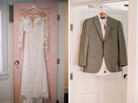 boho lace wedding dress and grey suit getting ready - 48 Fields Wedding Barn | Leesburg VA