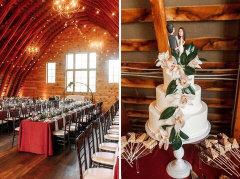 funny cake topper red black and white wedding reception with long banquet tables - 48 Fields Wedding Barn | Leesburg VA